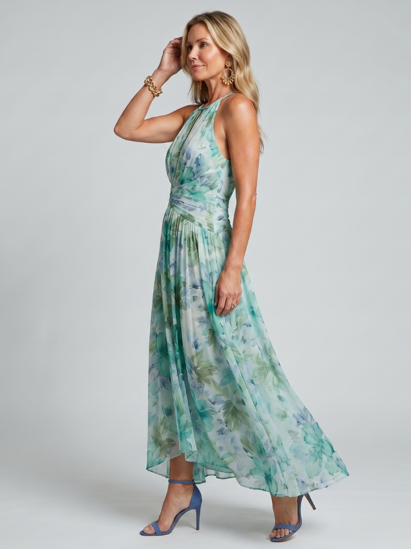 Portia - Faltendes Halter-Soft-Blumenmuster-Midi-Kleid