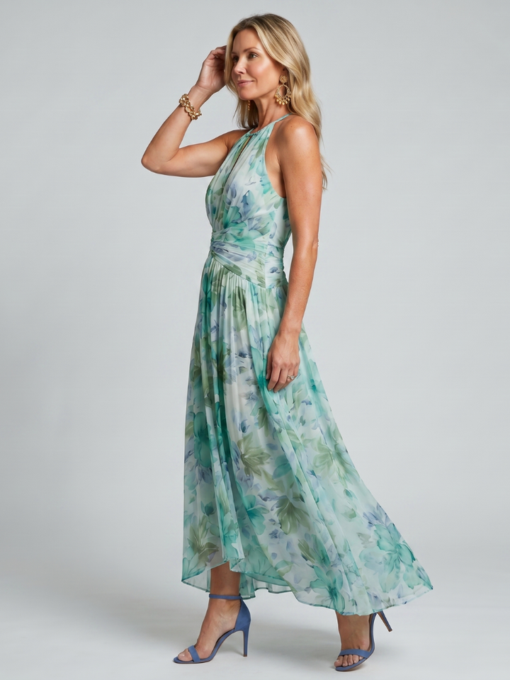 Portia - Faltendes Halter-Soft-Blumenmuster-Midi-Kleid