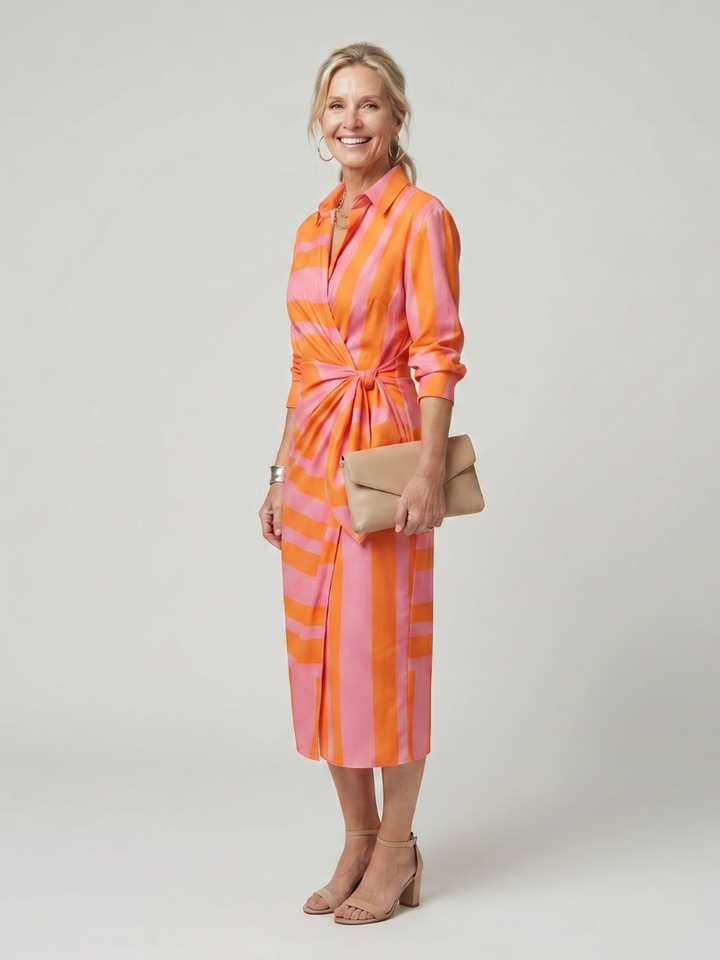 Leya - Midi-Kleid mit langen Ärmeln und Kragen im Streifenmuster