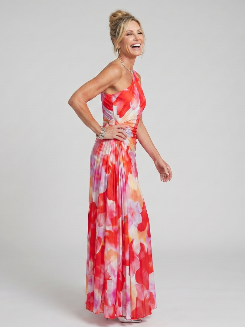 Taya - Ein Schulter Faltenrock Midi Kleid