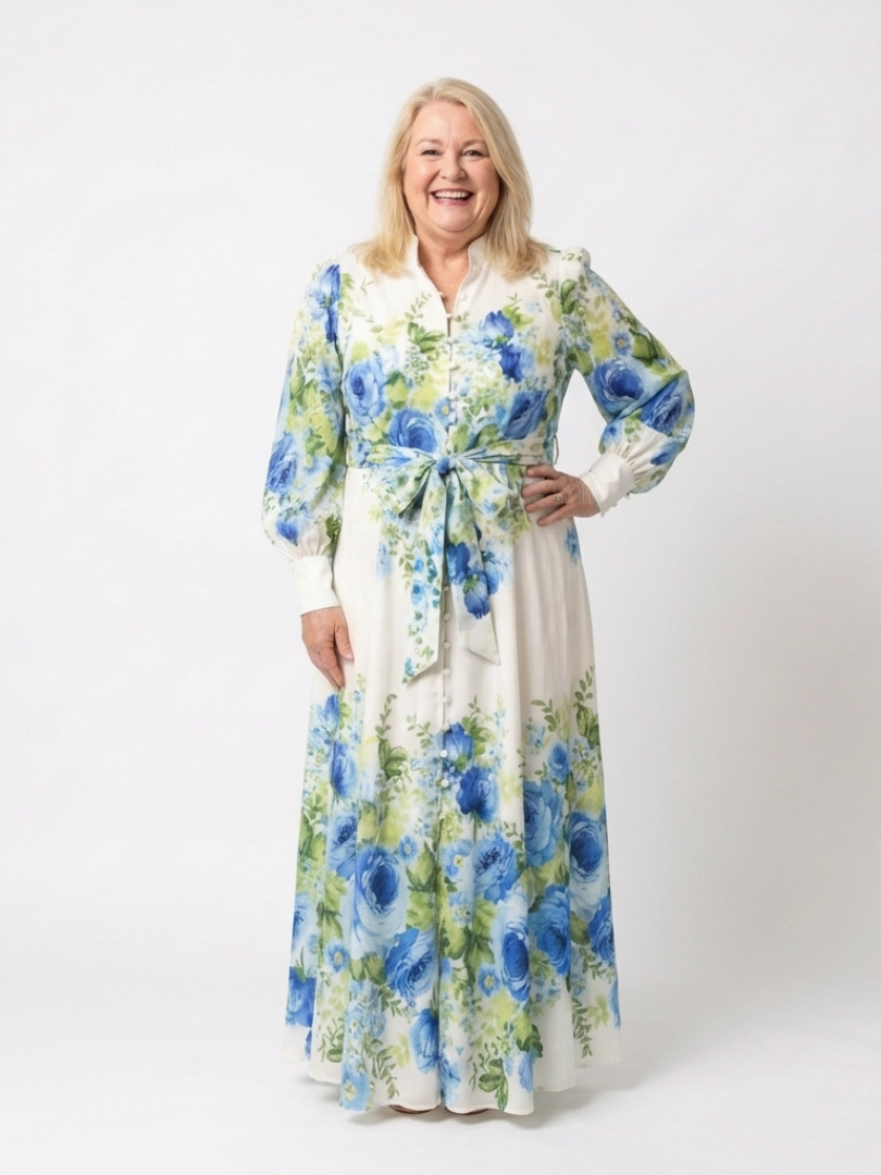 Harper - Langärmliges Blumenknopf-Front-Maxikleid