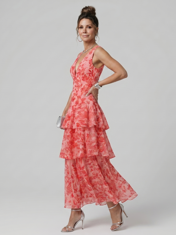 Gala - Tiefer V-Ausschnitt Ärmelloses Midi-Kleid mit malerischem