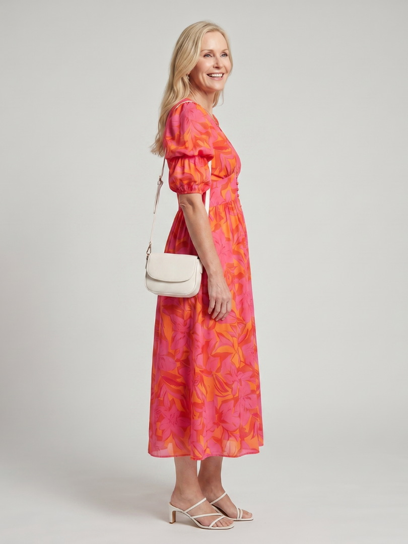 Zarelle - Puffärmel V-Ausschnitt Midi-Kleid mit kräftigem Blumenmuster
