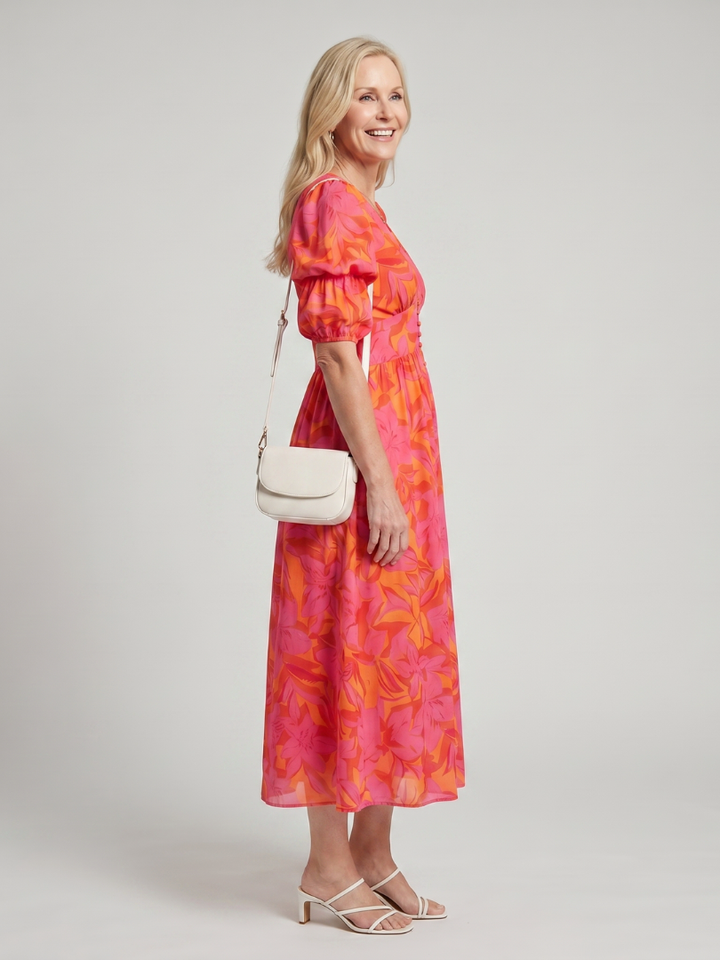 Zarelle - Puffärmel V-Ausschnitt Midi-Kleid mit kräftigem Blumenmuster