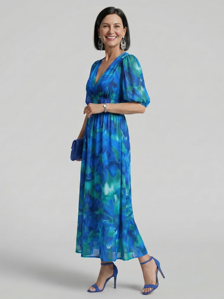 Candlia - Puffärmel V-Ausschnitt Midi Kleid mit abstraktem Druck
