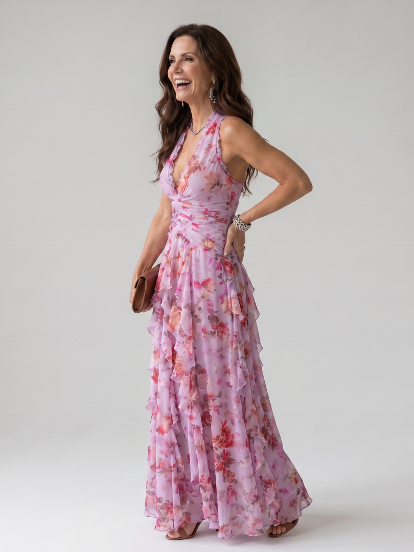 Nori - Halterneck-Rüschentop-Blumen-Maxikleid