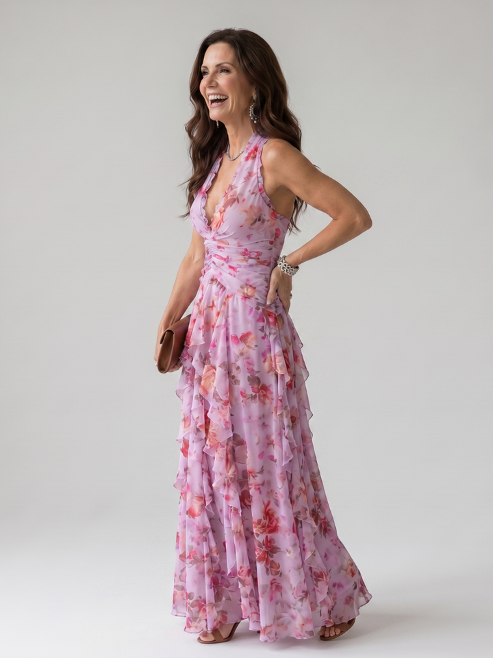 Nori - Halterneck-Rüschentop-Blumen-Maxikleid