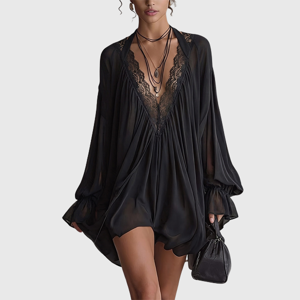 Beverly - Damen Boho Mini-Kleid aus schwarzem Chiffon