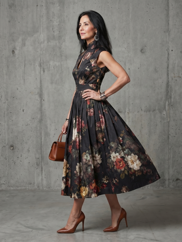 Greta - Hochgeschlossenes Schlüssel-Loch Blumengeplissertes Midi-Kleid