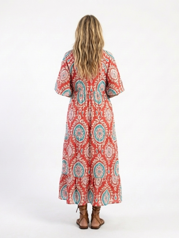 Zaria - Paisley-Druck V-Ausschnitt Kurzarm Midi-Kleid