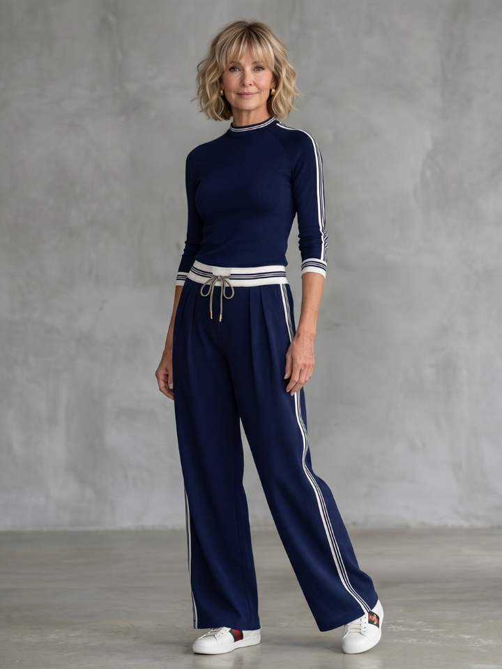 Eirlys - Enganliegendes Langarm-Top mit Weitbein-Hosen-Set