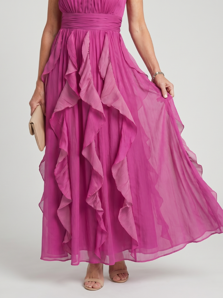 Orea - Maxikleid mit hohem Hals und gerafften Rüschenschichten