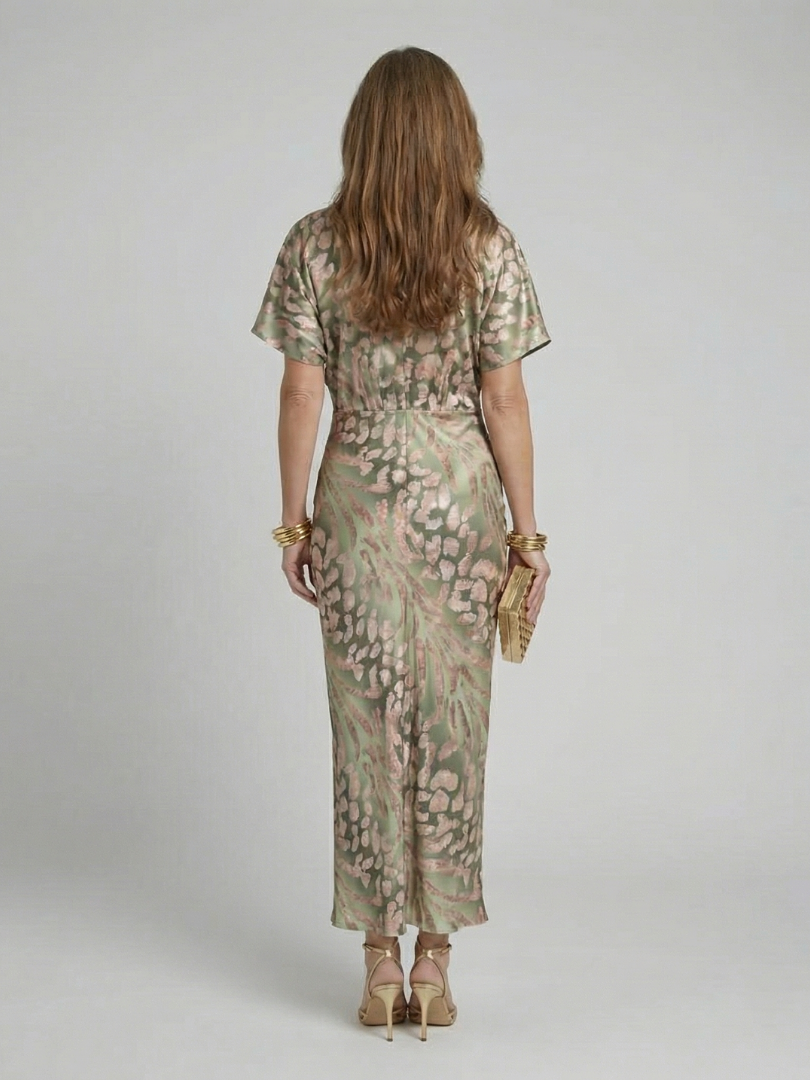 Coralie - Abstrakter Druck V-Ausschnitt Wickel Taille Midi Kleid