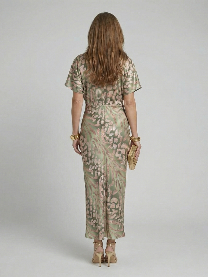 Coralie - Abstrakter Druck V-Ausschnitt Wickel Taille Midi Kleid