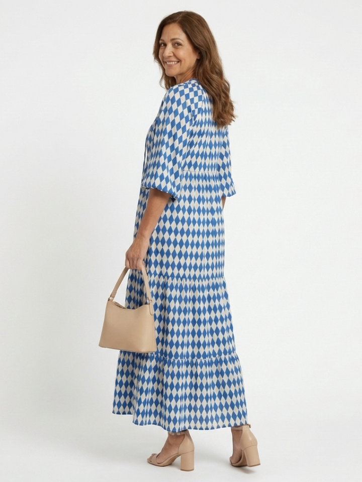 Elodie - Diamantmuster gestuftes Midi-Kleid