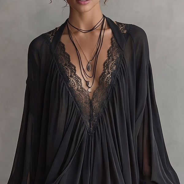 Beverly - Damen Boho Mini-Kleid aus schwarzem Chiffon