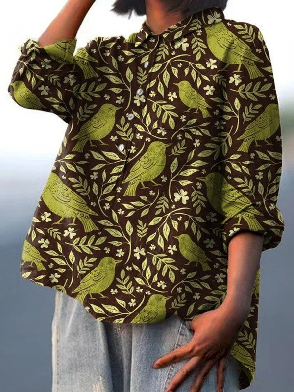 Nora - Damen Vintage Floral Vögel Kunstdruck Casual Shirt