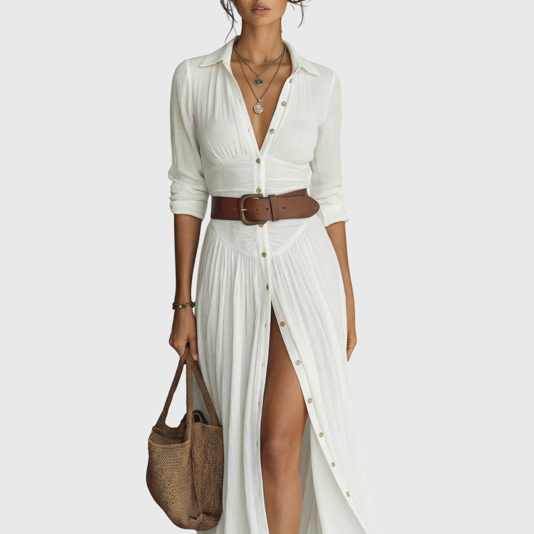 Wendy - Langes Maxi-Leinenkleid mit eingekerbtem Kragen und langen
