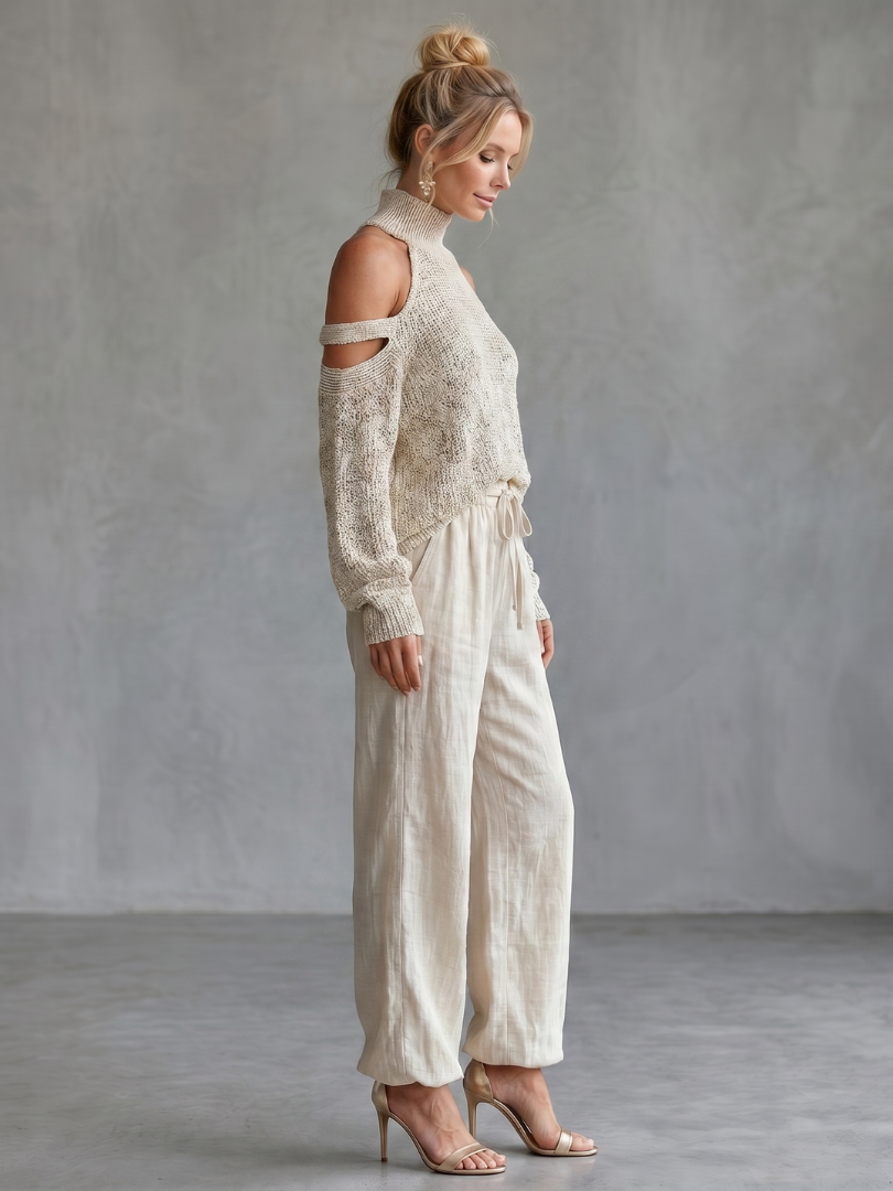Questa - Offene Schulter Stricktop und Weite Hose Set
