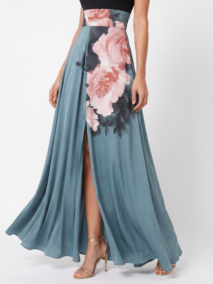 Olympas - Halter-Bodice Floral Rock Maxi Kleid