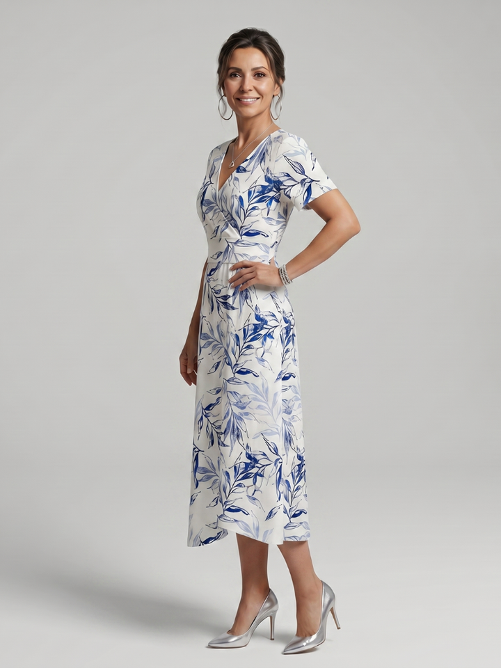 Kael - V-Ausschnitt Midi-Kleid mit sanftem botanischem Druck