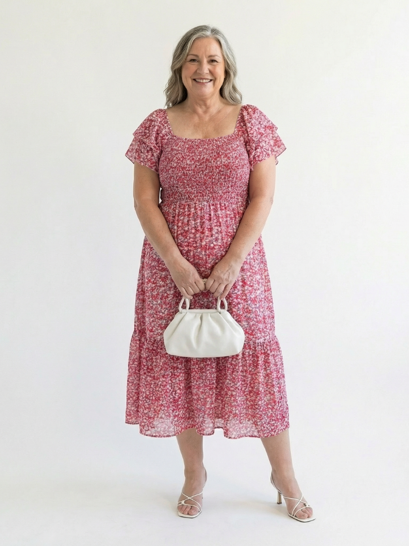 Odette - Off-Shoulder Blumen Smocked Midi Kleid