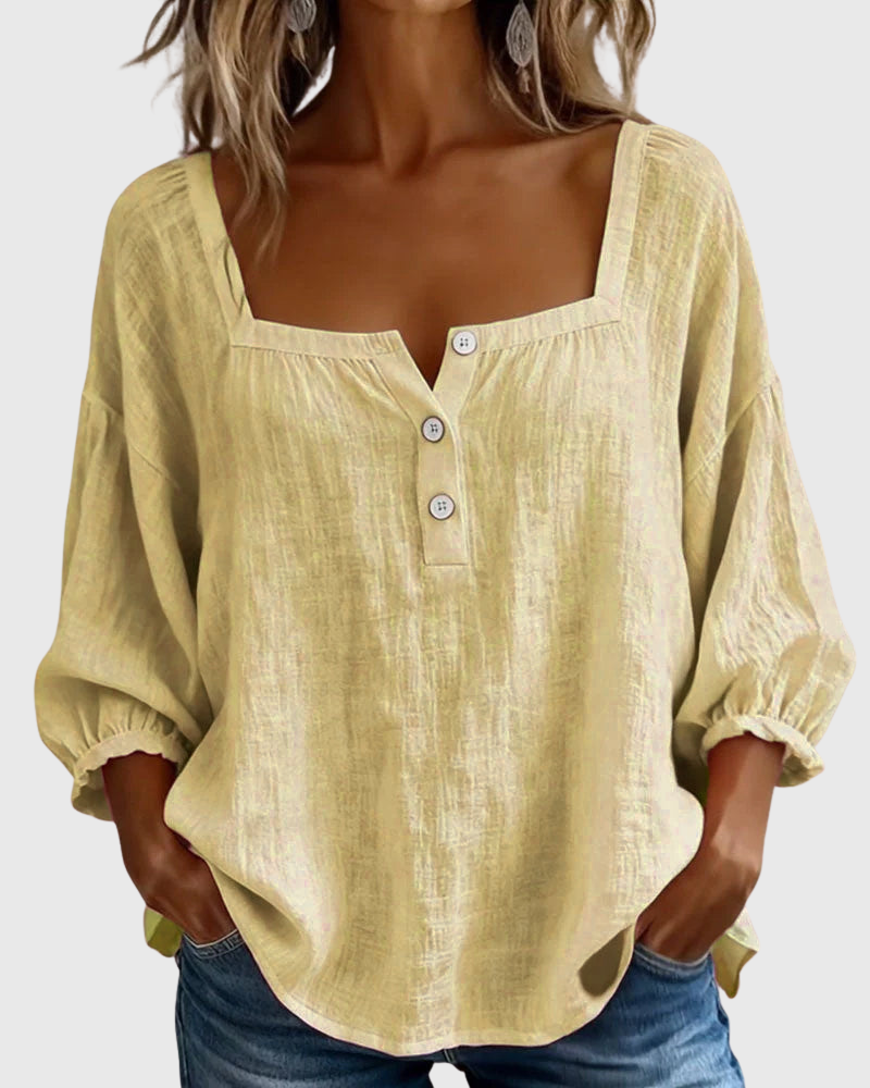 Arianne - Damen Bluse mit quadratischem Ausschnitt und 3/4 Puffärmeln