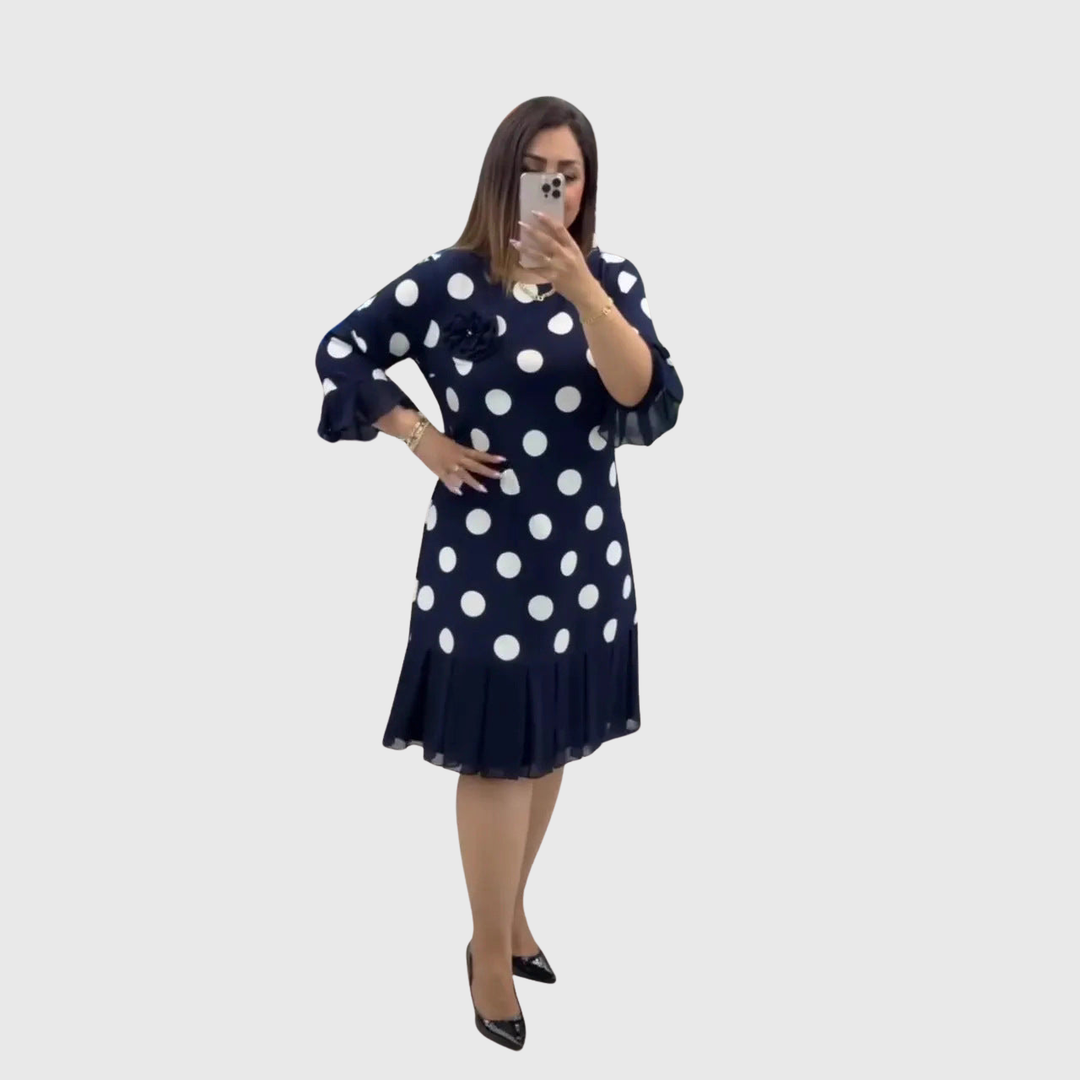 Odette - Weiches Polka Dot Kleid mit ausgestelltem Rüschensaum Navy