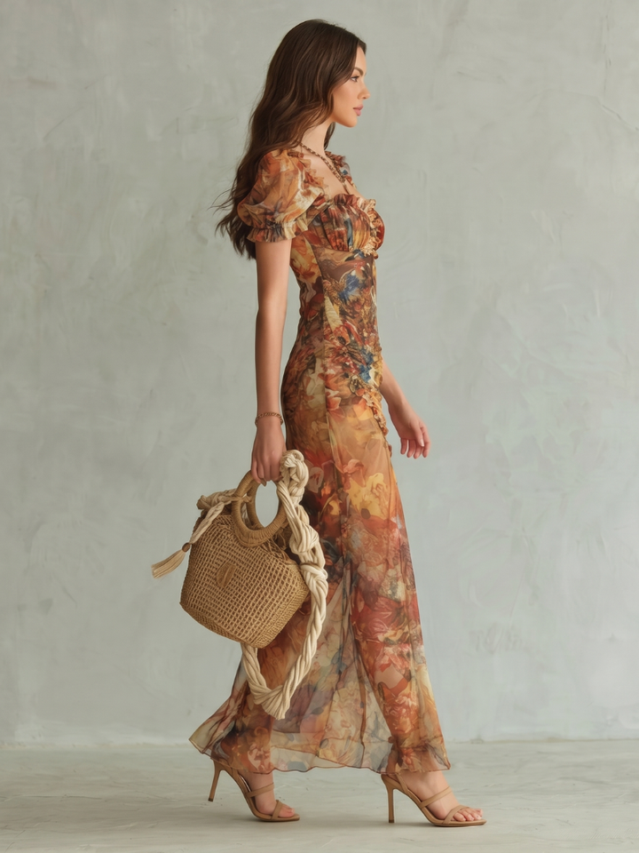 Ciel - Rüschensleeve Raffung Schlitz Midi Kleid