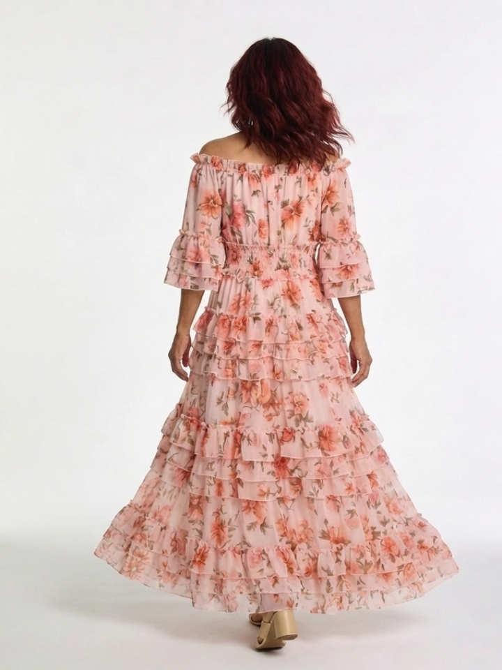 Rosalie - Off-Shoulder Floral Ruffle Tiered Maxi-Kleid