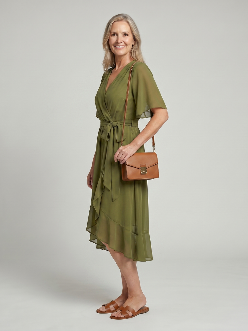 Keziah - Midi-Kleid mit kurzen Ärmeln und fliessendem Saum