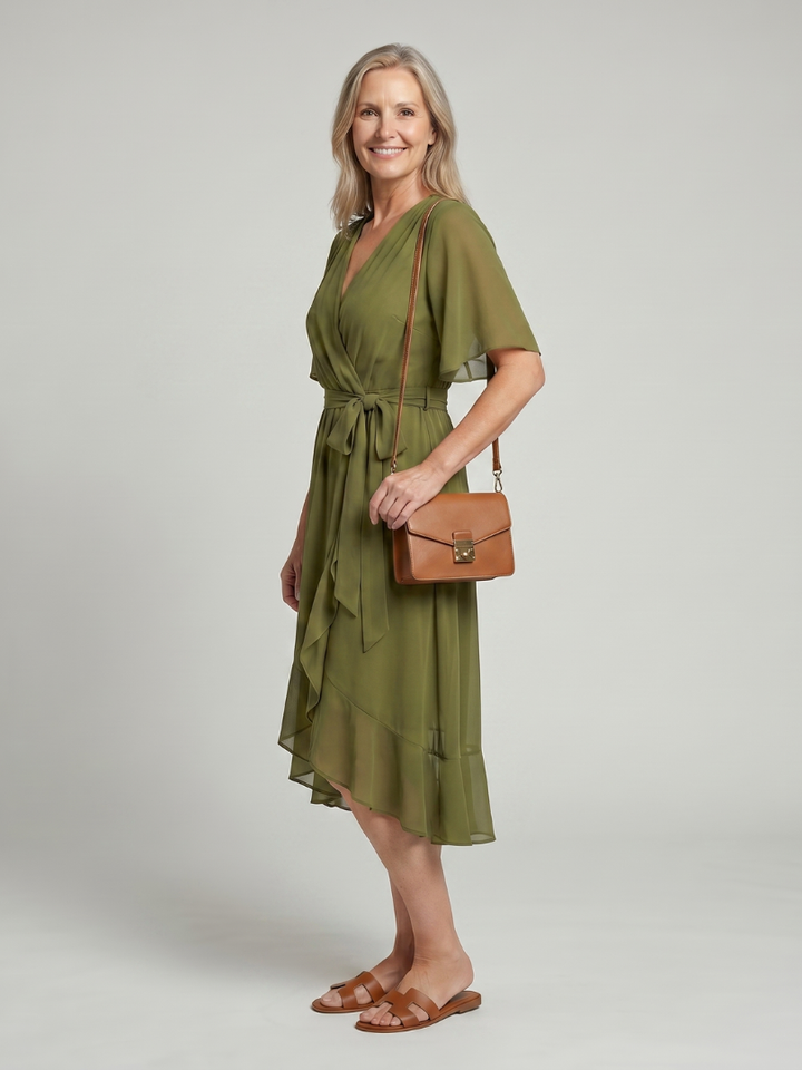 Keziah - Midi-Kleid mit kurzen Ärmeln und fliessendem Saum