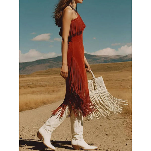 Anika - Western-Boho-One-Shoulder-Kleid mit Fransen – Asymmetrisches