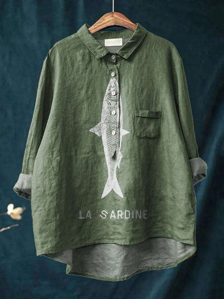 Faye - Sardinenfisch Grafik Bedrucktes Damen Casual Shirt