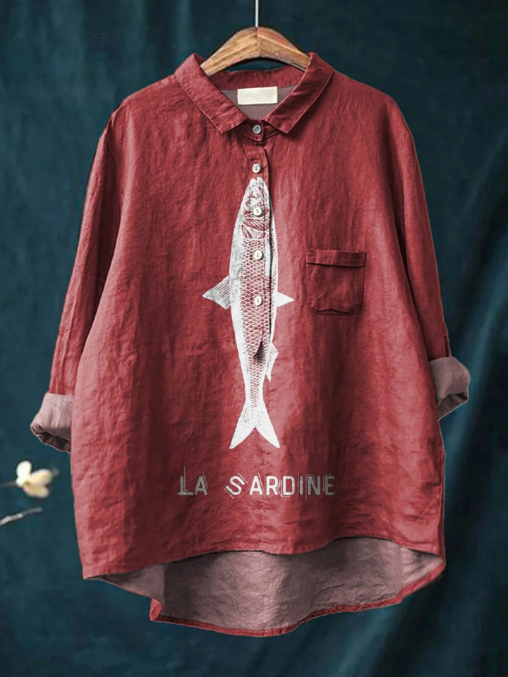 Faye - Sardinenfisch Grafik Bedrucktes Damen Casual Shirt