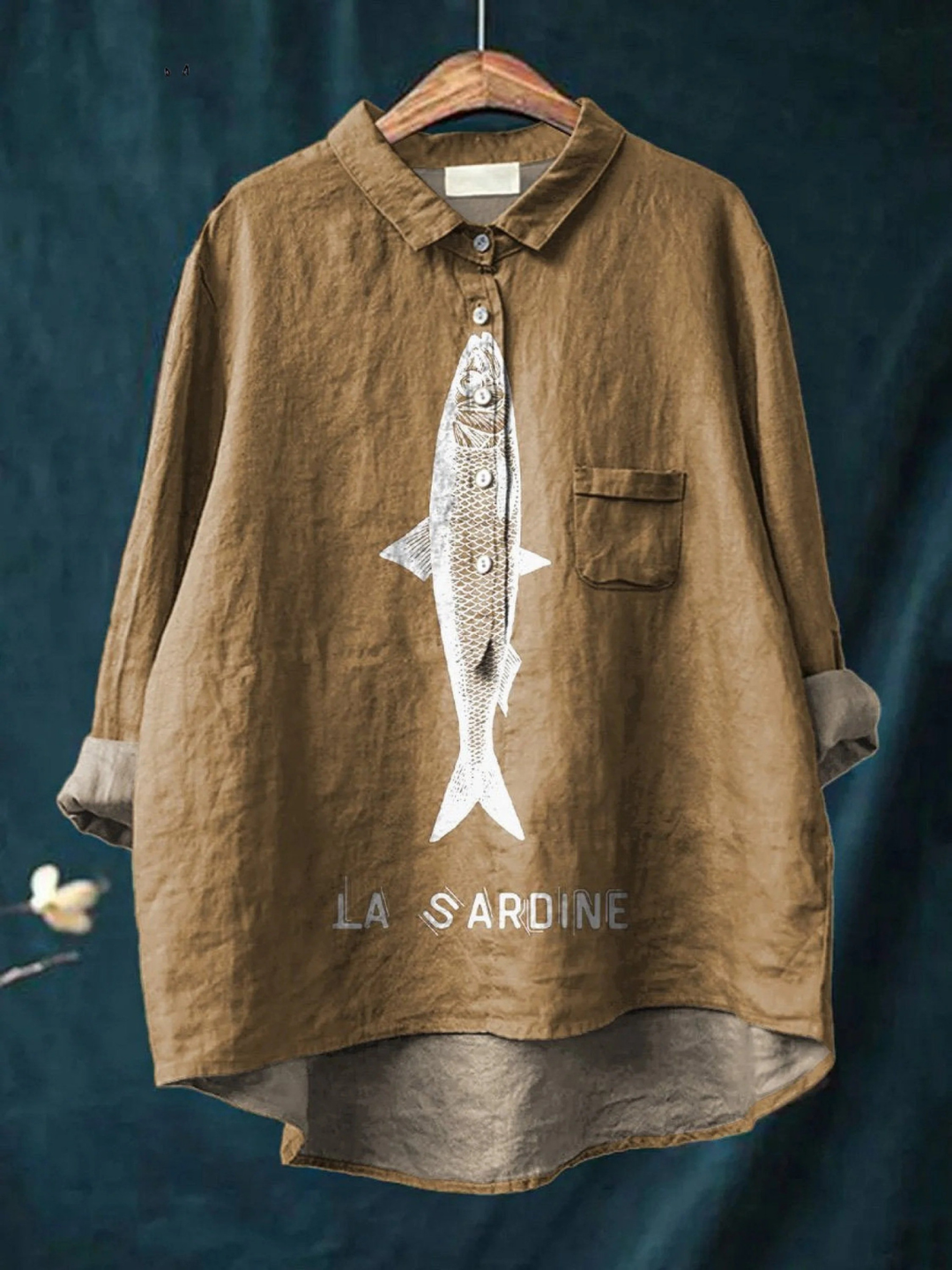 Faye - Sardinenfisch Grafik Bedrucktes Damen Casual Shirt