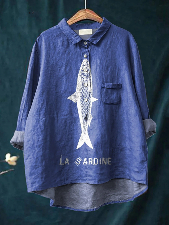Faye - Sardinenfisch Grafik Bedrucktes Damen Casual Shirt