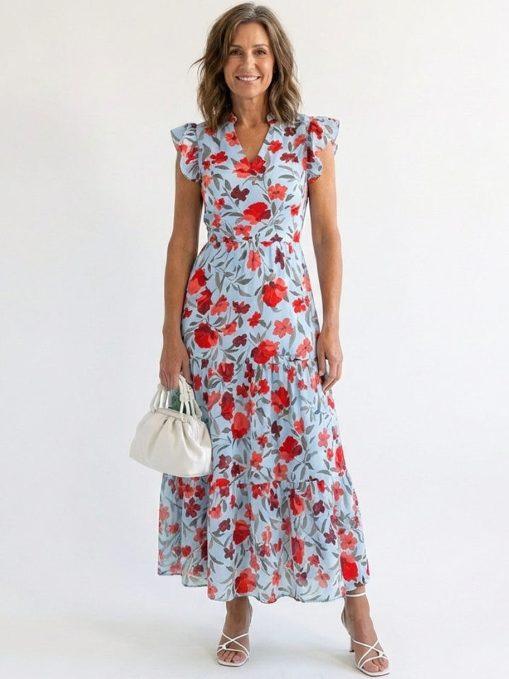Lila - Floral V-Ausschnitt Schichten Midi Kleid