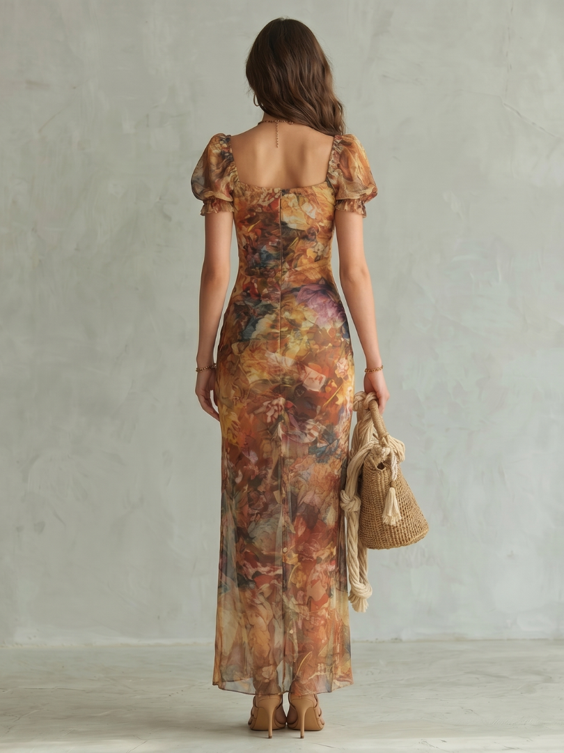 Ciel - Rüschensleeve Raffung Schlitz Midi Kleid