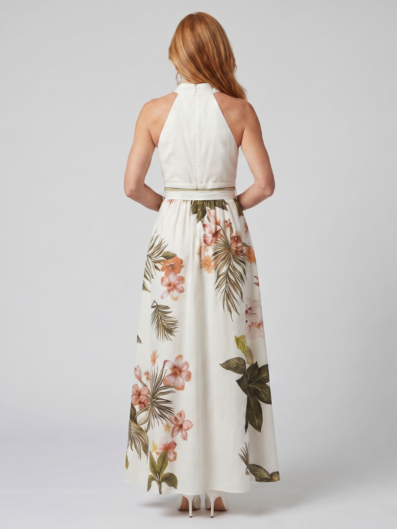 Wiese - Drapiertes Halfter Botanisches Panel Maxikleid