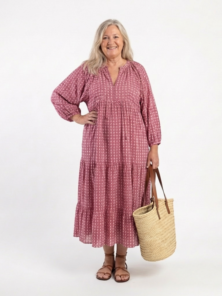 Arlette - Geometrisches Druck Langarm Midi Kleid