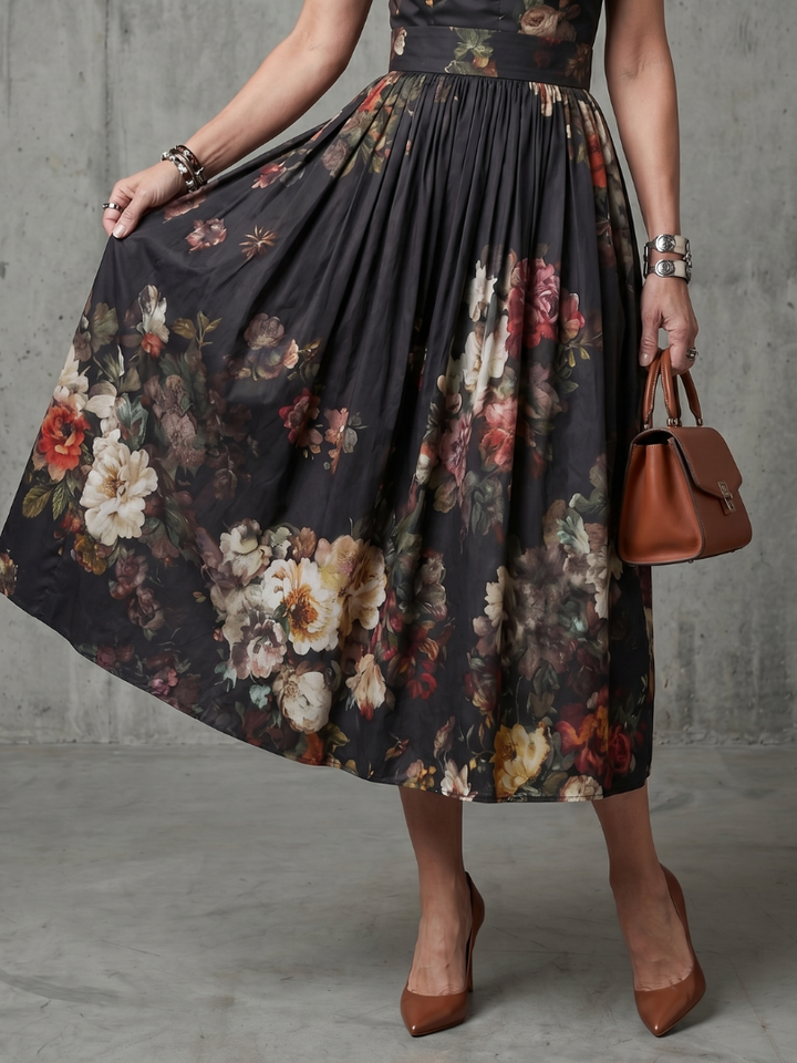 Greta - Hochgeschlossenes Schlüssel-Loch Blumengeplissertes Midi-Kleid