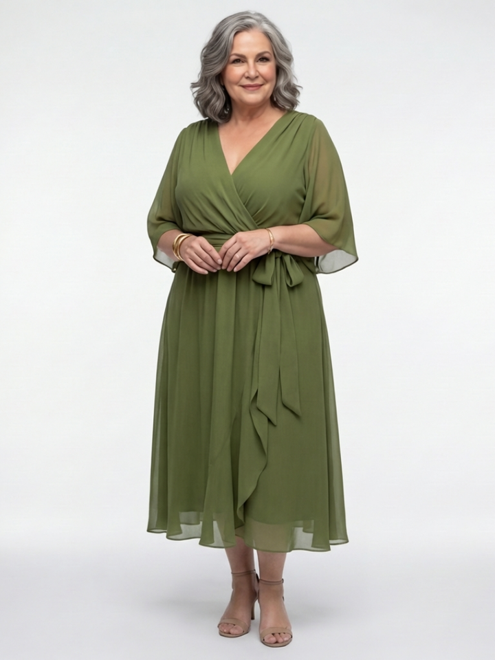 Elysia - V-Ausschnitt Drapiertes Taillenband Midi-Kleid