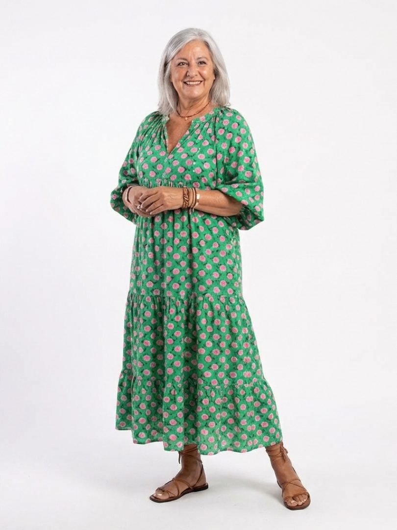 Fiora - Floral Print V-Ausschnitt Schicht Midi Kleid
