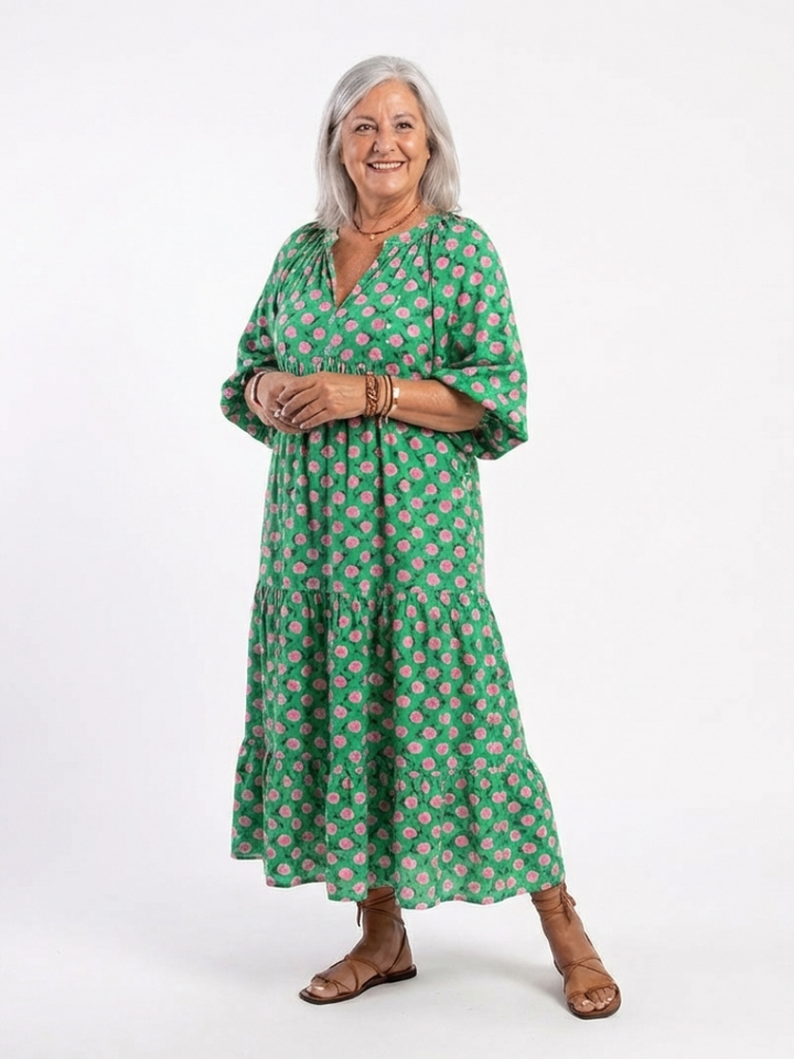 Fiora - Floral Print V-Ausschnitt Schicht Midi Kleid