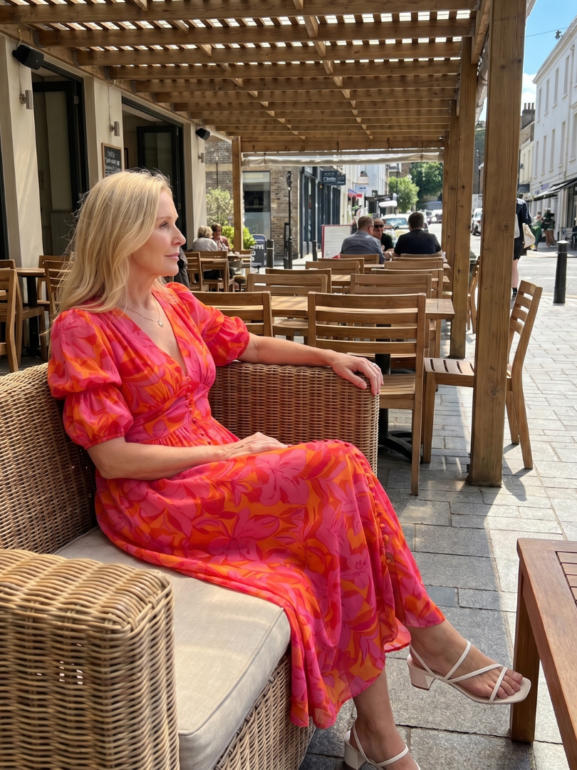 Zarelle - Puffärmel V-Ausschnitt Midi-Kleid mit kräftigem Blumenmuster