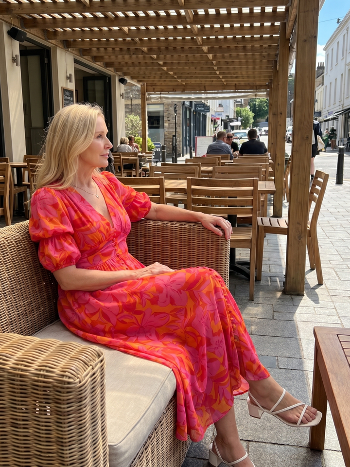Zarelle - Puffärmel V-Ausschnitt Midi-Kleid mit kräftigem Blumenmuster
