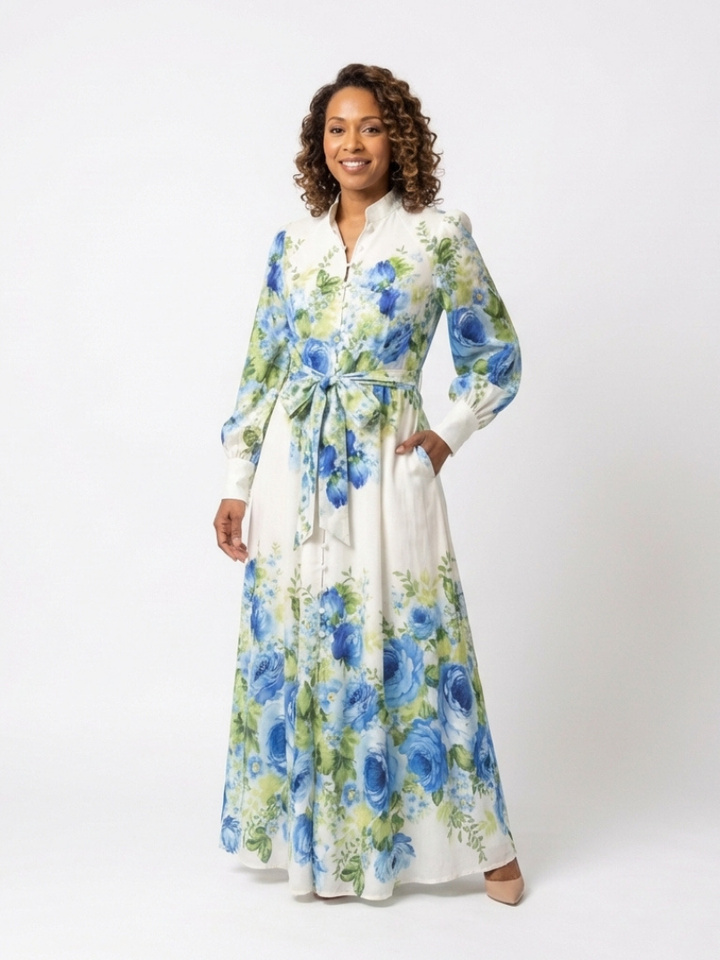Harper - Langärmliges Blumenknopf-Front-Maxikleid