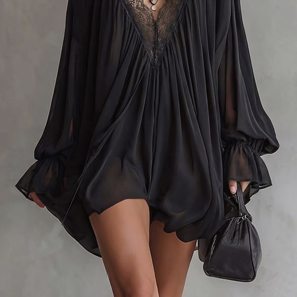 Beverly - Damen Boho Mini-Kleid aus schwarzem Chiffon
