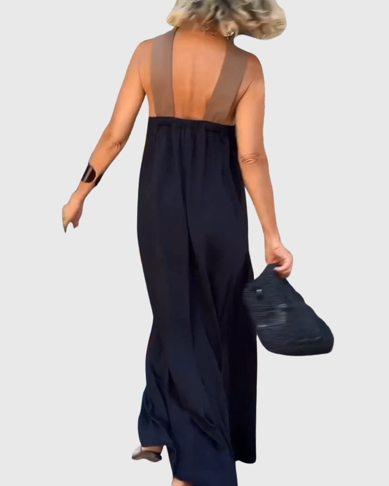 Cassy - Elegantes Crossover Halter Maxikleid Leichtes Schwarz